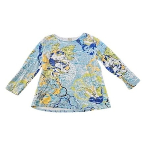 Jess & Jane Tops - Jess & Jane Top Womens Large Blue Yellow Floral Cotton Long Sleeve Rhinestone